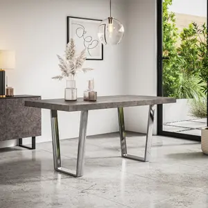 Aria Dining Table And Chairs - Concrete Effect Table Top w Chrome Legs + 6 Monza Faux Leather Dining Chairs w Chrome Legs (Grey)