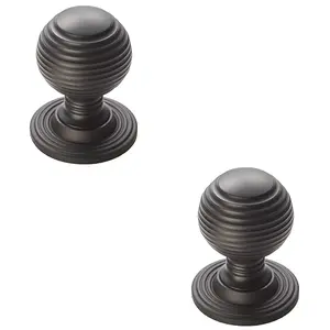 2 PACK - Reeded Ball Door Knob - 23mm Matt Black Lined Cupboard Pull Handle & Rose