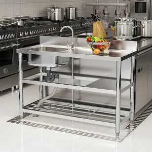 1 Compartment Commercial Floorstanding Stainless Steel Kitchen Sink with Storage Shelf 120cm