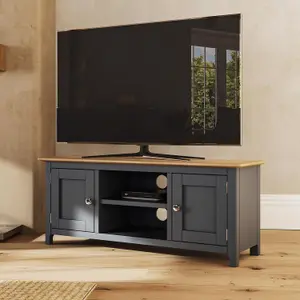 2 Door Solid Oak Ready Assembled TV Unit Graphite Blue