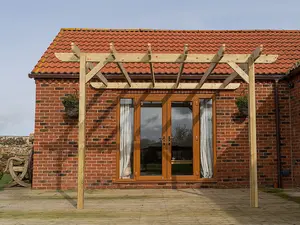 Lean to wooden garden pergola kit - Corbel design wall mounted gazebo, 3.6m x 4.2m (Natural finish)