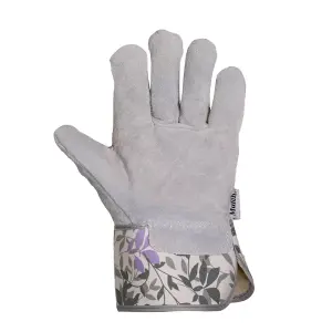 Mulch. Suede Palm Gardening Gloves - Extended Cuff - Lavender & Green Leaf Print - Medium Size 8 - 1 Pair