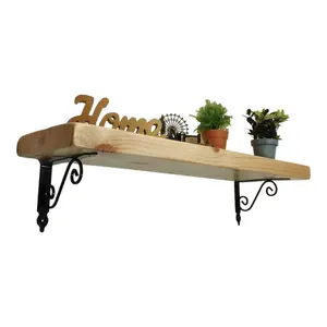 Solid Wood Handmade Rustical Shelf Primed 225mm 9 inch with Black Metal Bracket WOZ Length of 230cm