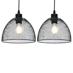 First Choice Lighting Set of 2 Cassidy Medium Black Mesh Easy Fit Metal Pendant Shades