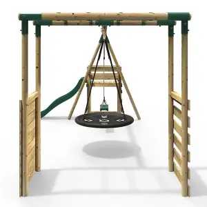 Rebo Wooden Children's Swing Set with Monkey Bars plus Deck & 6ft Slide - Double Swing - Meteorite Green