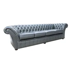 Chesterfield 4 Seater Shelly Steel Grey Leather Sofa Settee In Balmoral Style