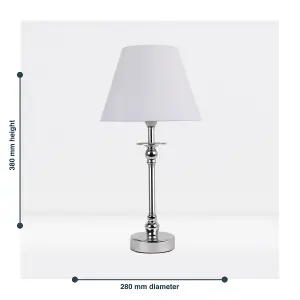 First Choice Lighting Chrome Plated Bedside Table Light with Ball Detail Column White Fabric Shade