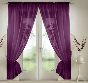 Elegant Plain Voile Curtain Panels PAIR with FREE Tie Backs 150cm x 137cm Purple