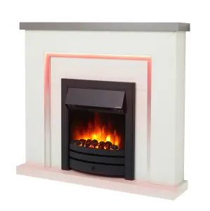 Bempton Electric Fireplace Suite - Grey top, White hearth, Black fire.