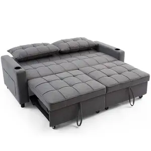 Hudson 3-Seater Sofa Bed Linen Fabric With Cup Holders Grey