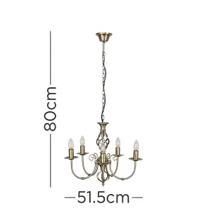 ValueLights Memphis Style Antique Brass Barley Twist 5 Way Ceiling Light Chandelier with 5 x 4w SES E14 LED Warm White Bulb