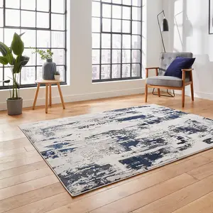 Grey Navy Abstract Modern Polypropylene Easy to Clean Rug for Living Room Bedroom and Dining Room-120cm X 170cm