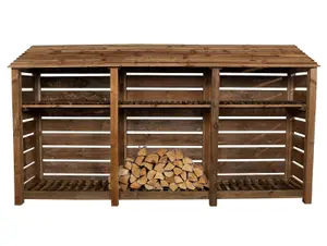 Slatted wooden log store with kindling shelf W-335cm, H-180cm, D-88cm - brown finish