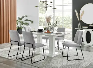 Imperia White High Gloss 6 Seater Dining Table with Structural 2 Plinth Column Legs Light Grey Fabric Halle Modern Chairs