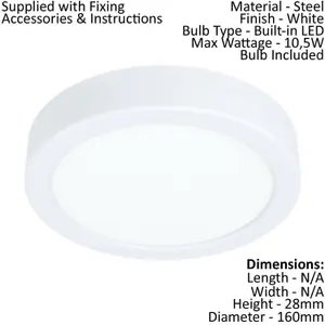 Wall / Ceiling Light White 160mm Round Surface Mounted 10.5W LED 3000K