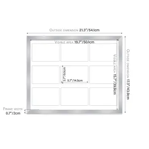 20x16 Inch 9 Opening Photo Collage Frame, Display Nine 6x4 Inch Photos, Multi Aperture Family Picture Frame, Silver