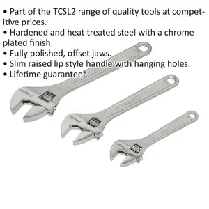 3 Piece Wrench Set - Three Adjustable Steel Wrenches - 150mm 200mm and 250mm