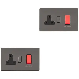 2 PACK 45A DP Oven Cooker Switch & 13A Switched Socket SCREWLESS BLACK NICKEL