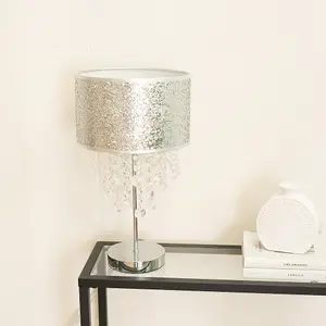 ValueLights Bonita Pair of Silver Glitter Droplet Shade Table Lamps and LED Bulbs