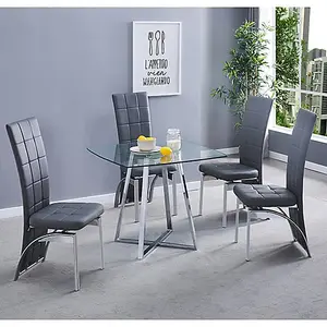 Melito Square Glass Dining Table With 4 Ravenna Grey Chairs