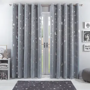 Dreamscene Galaxy Star Thermal Blackout Curtains PAIR of Eyelet Ring Top Ready Made Panels Metallic Moon - Silver Grey, 46" x 54"