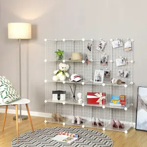 SONGMICS DIY Closet Cabinet, 16 Cube Metal Wire Organizer, Modular Grids and Wire Mesh Shelving, White