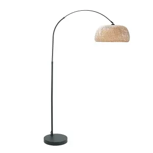 ValueLights Louis Black Arched Curved Floor Lamp with Bamboo Donut Lamp Shade and LED Bulb