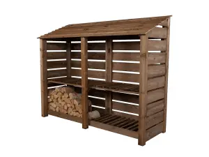 Slatted wooden log store with kindling shelf W-227cm, H-180cm, D-88cm - brown finish