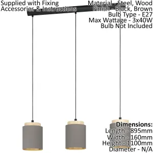 Pendant Ceiling Light Colour Black Brown Shade Cappuccino Fabric Bulb E27 3x40W