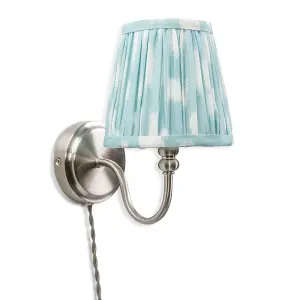 ValueLights Neely Plug in Brushed Chrome Easy Fit Wall Light with Blue Pleated Fabric Tapered Lampshade - Bulb Included