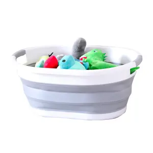 24L Oval Shape Foldable Plastic Laundry Basket, Grey