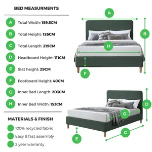 Furniturebox UK King Size Bed - 'Romy' Upholstered Green Kingsize Bed Frame Only (No Mattress) - 100% Recycled Eco Fabric