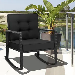 Costway Outdoor Wicker Furniture Rocking Chair Metal Frame Patio Rattan Rocker w/ Cushion