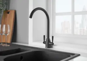 Deva Carlow Dual Lever Kitchen Sink Mixer Tap In Matte Black - Sleek & Durable Swan Neck Design - With Swivel Spout