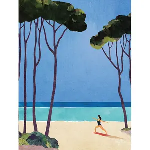 Henry Rivers Yoga Girl Beach Canvas Print Blue/Green (40cm x 30cm)