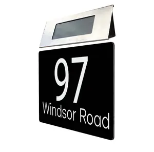 Personalised Aluminium House Plaque with Solar Light Customised with Your House Number and Street Name 160 x 280mm Black