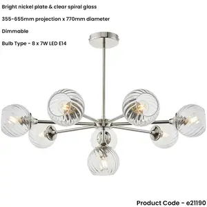 8 Light Pendant Lamp & 2x Matching Wall Lights - Bright Nickel Clear Spiral Patterned Shade