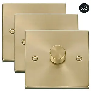 3 PACK - Satin / Brushed Brass 1 Gang 2 Way LED 100W Trailing Edge Dimmer Light Switch - SE Home