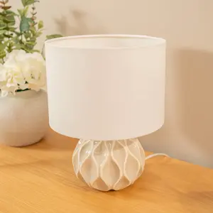 ValueLights Luca Pair of Natural Textured Ceramic Table Lamps with a Cream Fabric Lampshade Bedside Light - Bulbs Included