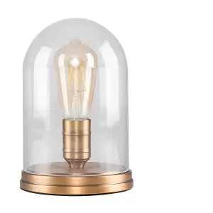 ValueLights Aged Brass Effect Metal Base and Clear Glass Dome Table Lamp With LED Amber Tinted Squirrel Cage Light Bulb