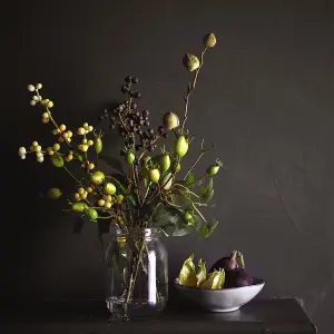 Bloom Artificial Autumn Berries Arrangement in Jam Jar Vase - Faux Flower Centrepiece Floral Home Decoration - H30 x W25cm