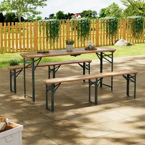 3Pcs Foldable Outdoor Patio Metal Wood Garden Table Bench Set 177cm 6 Seater