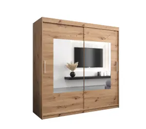 Torino Contemporary Mirrored Sliding Door Wardrobe - Oak Artisan  (H)2000mm  (W)2000mm x (D)620mm)