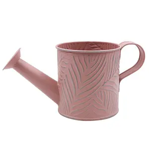 Watering Can Metal 0.65L Pastel Pink Planter 10cm Long Spout Emboss Leaf Garden