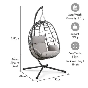 VonHaus Hanging Egg Chair, Grey Rattan Garden Swing Chair with Stand, Foldable Hanging Chair w/ Padded Cushions, Outdoor & Indoor