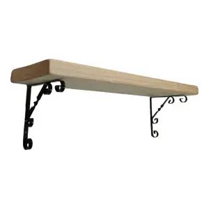 Solid Wood Handmade Rustical Shelf Unprimed 145mm 6 inch with Black Metal Bracket WO Length of 210cm