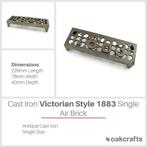 Oakcrafts - Antique Cast Iron Single Victorian Style 1883 Air Brick - 229mm x 76mm