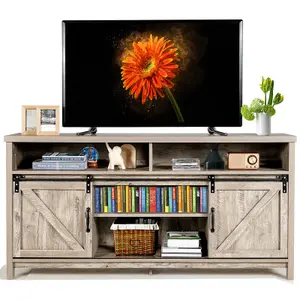 COSTWAY 150cm Sliding Barn Door TV Stand Farmhouse Flat Screen Console for TVs up to 65"