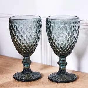 Set of 6 Vintage Luxury Grey Diamond Embossed Drinking Wine Glass Wine Goblets 270ml