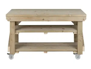 Indoor/outdoor workbench pressure treated station (H-90cm, D-64cm, L-120cm) double shelf and wheels